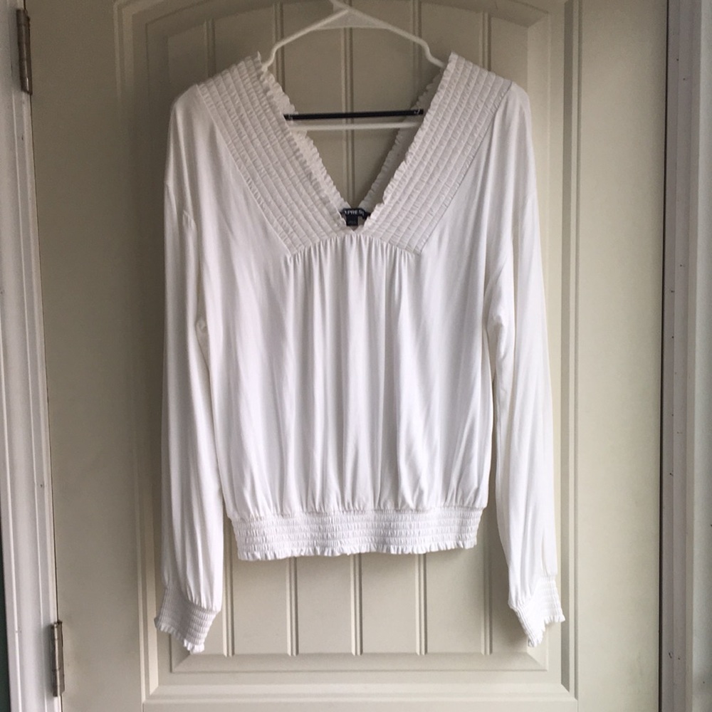 Women’s White Express blouse, long sleeve elastic collar and waist, Small